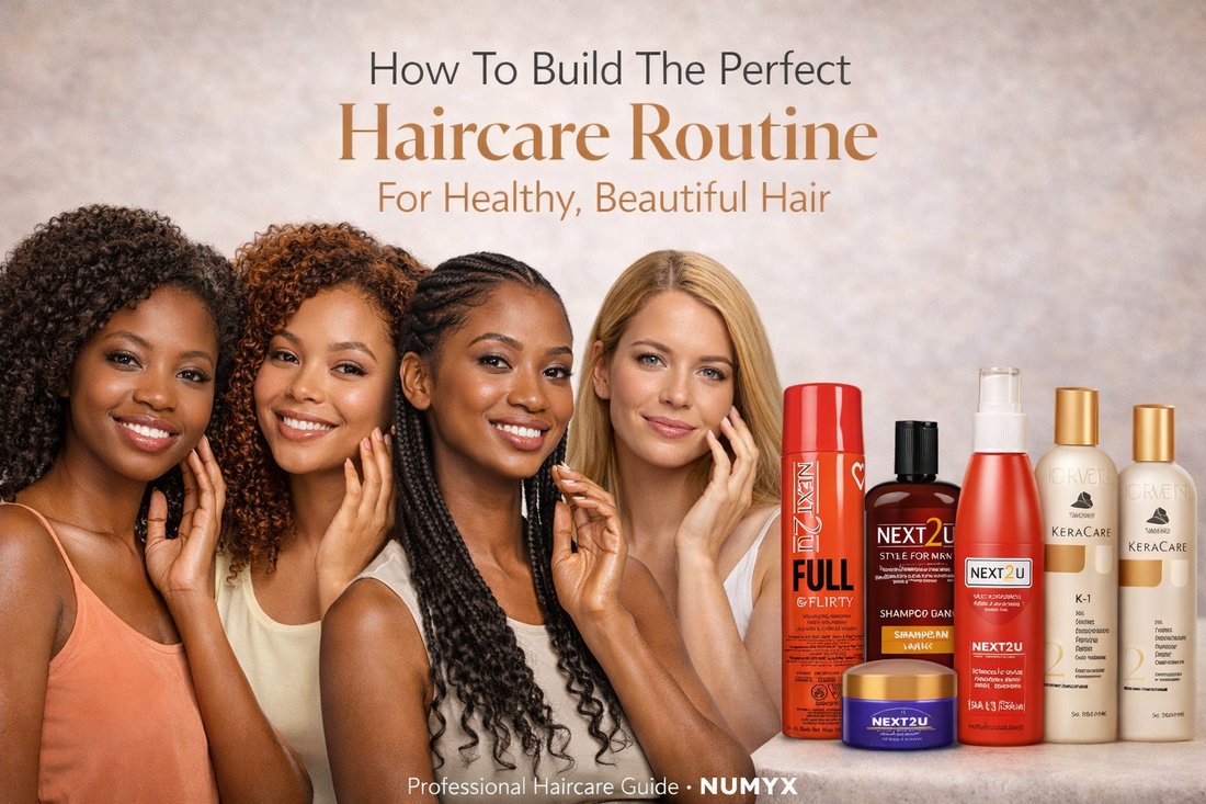 How to build the perfect haircare routine using KeraCare and NEXT2U products – diverse women showcasing healthy straight, curly, and coily hair types.